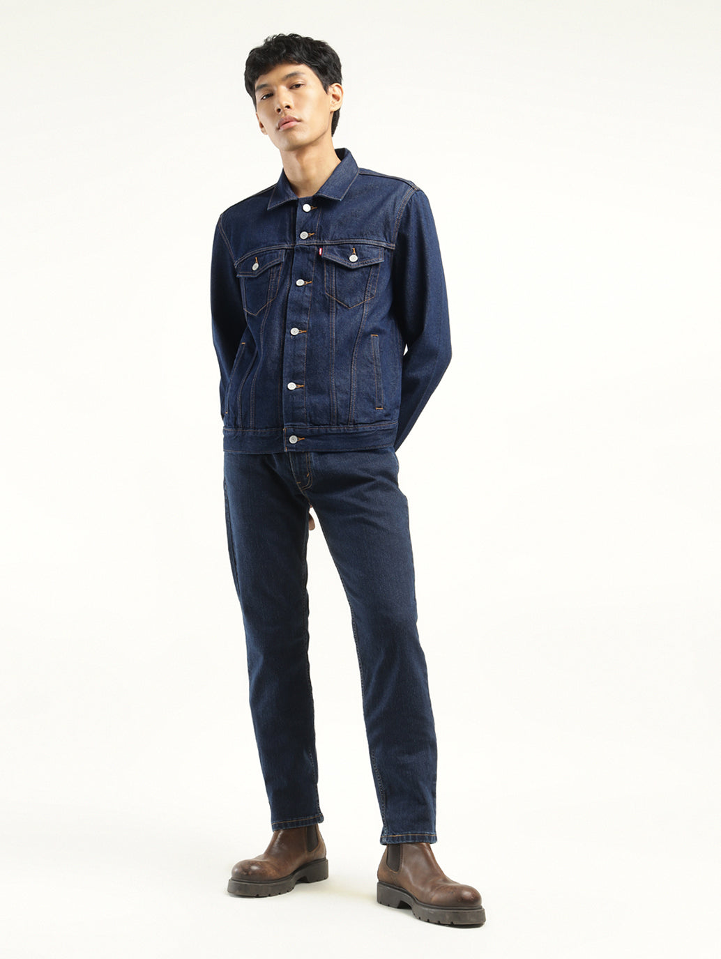 Men's Solid Dark Blue Spread Collar Denim Jacket - ModelFront View