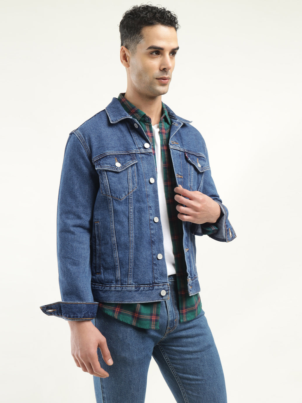 Men's Solid Blue Spread Collar Denim Jacket - Styleshot View