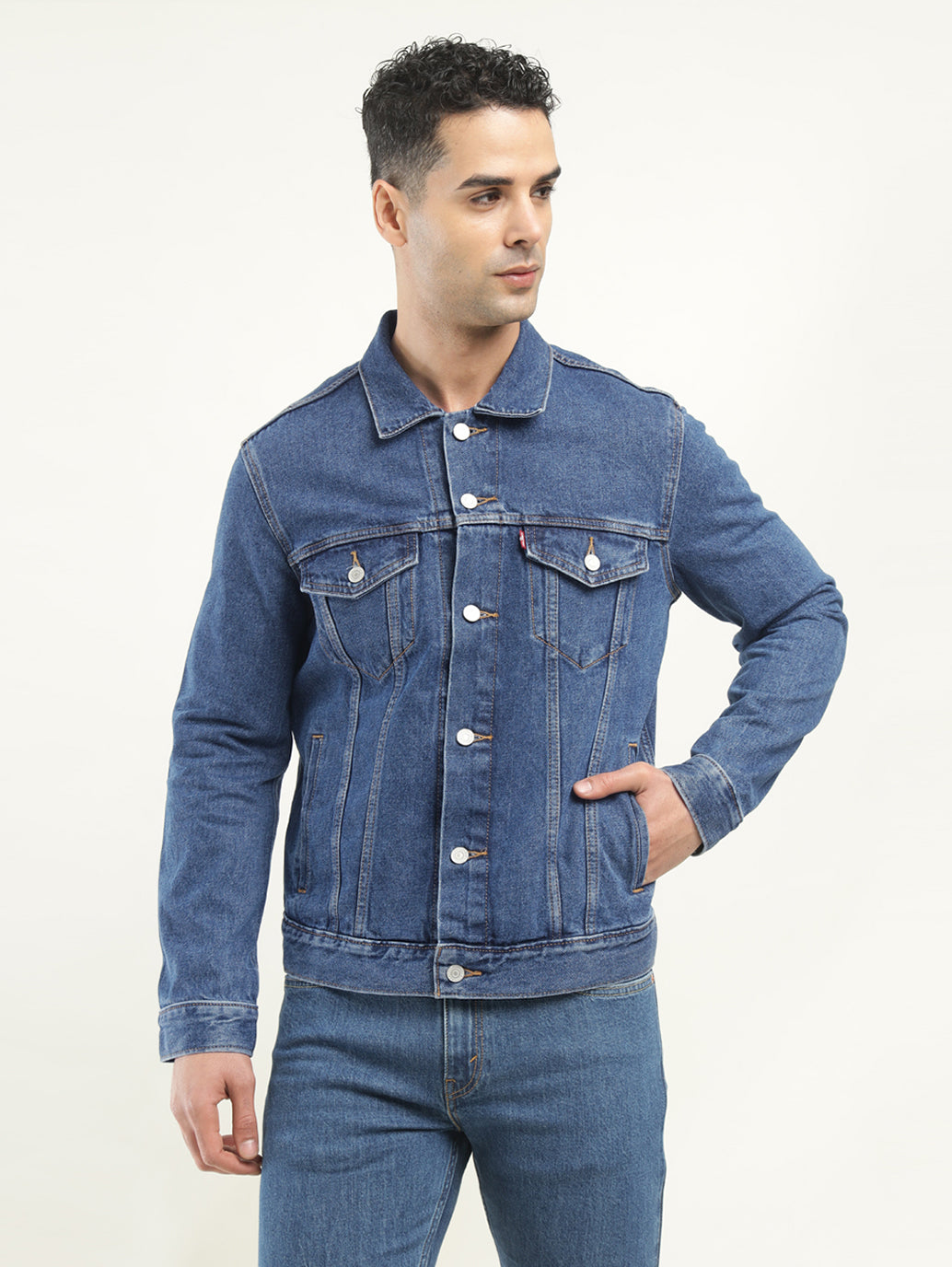 Men's Solid Blue Spread Collar Denim Jacket - Front View