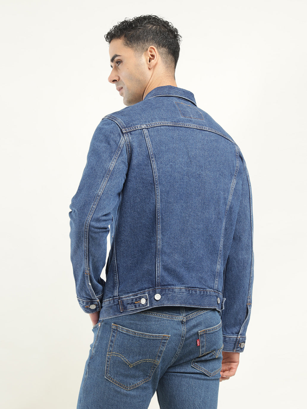 Men's Solid Blue Spread Collar Denim Jacket - Back View