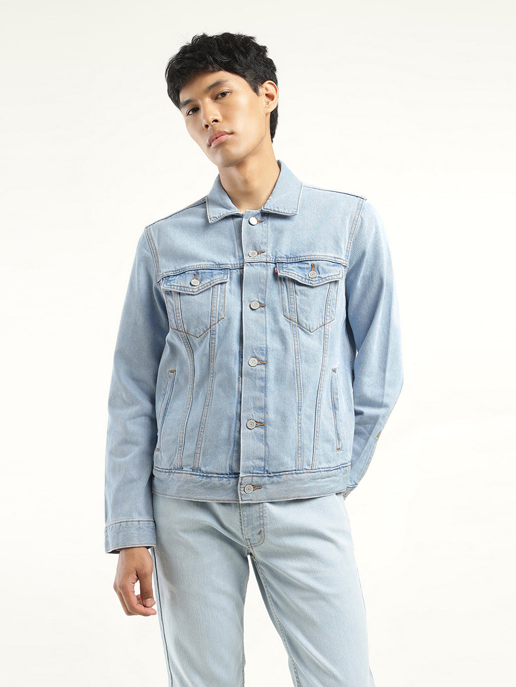Men's Solid Light Blue Spread Collar Denim Jacket - Front View