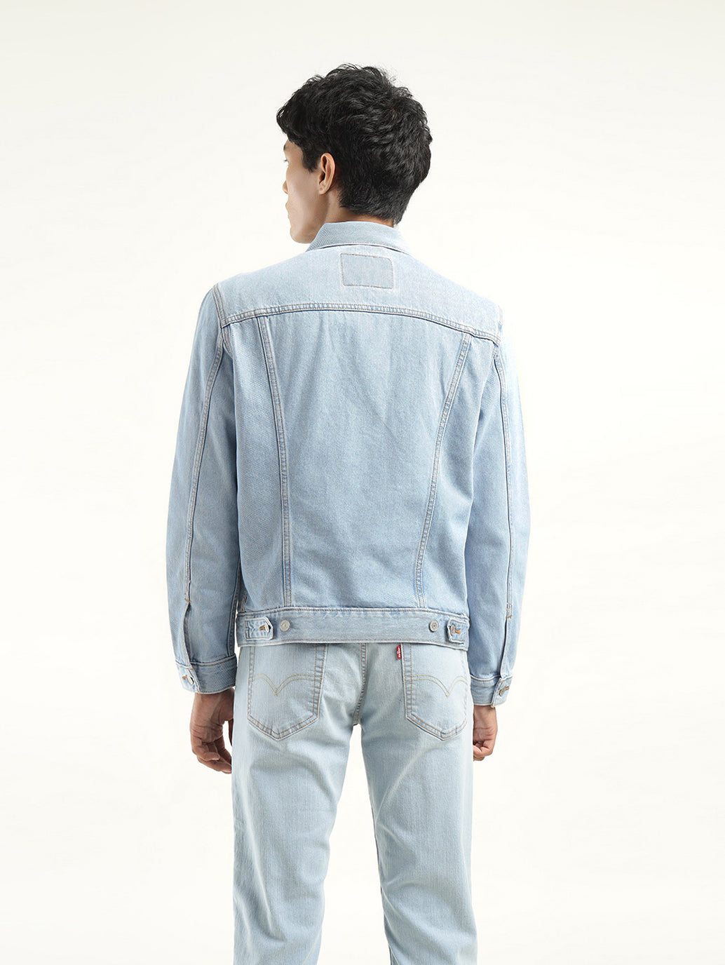 Men's Solid Light Blue Spread Collar Denim Jacket - Back View