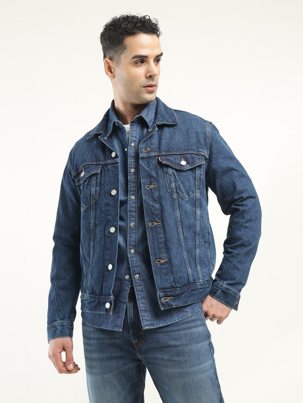 Men's Solid Dark Blue Spread Collar Denim Jacket - Styleshot View