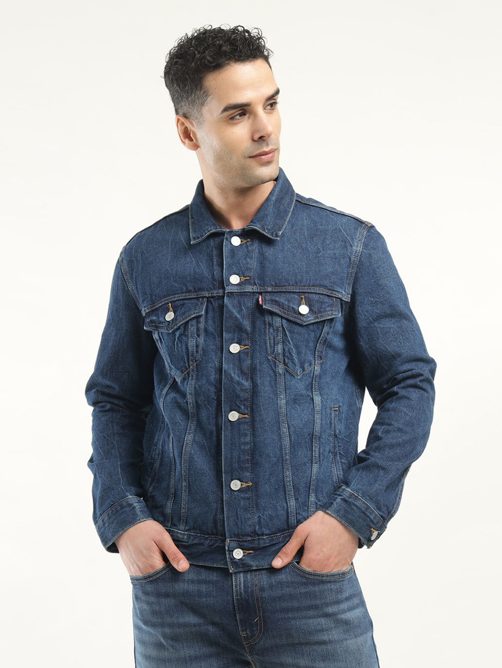 Men's Solid Dark Blue Spread Collar Denim Jacket - Front View