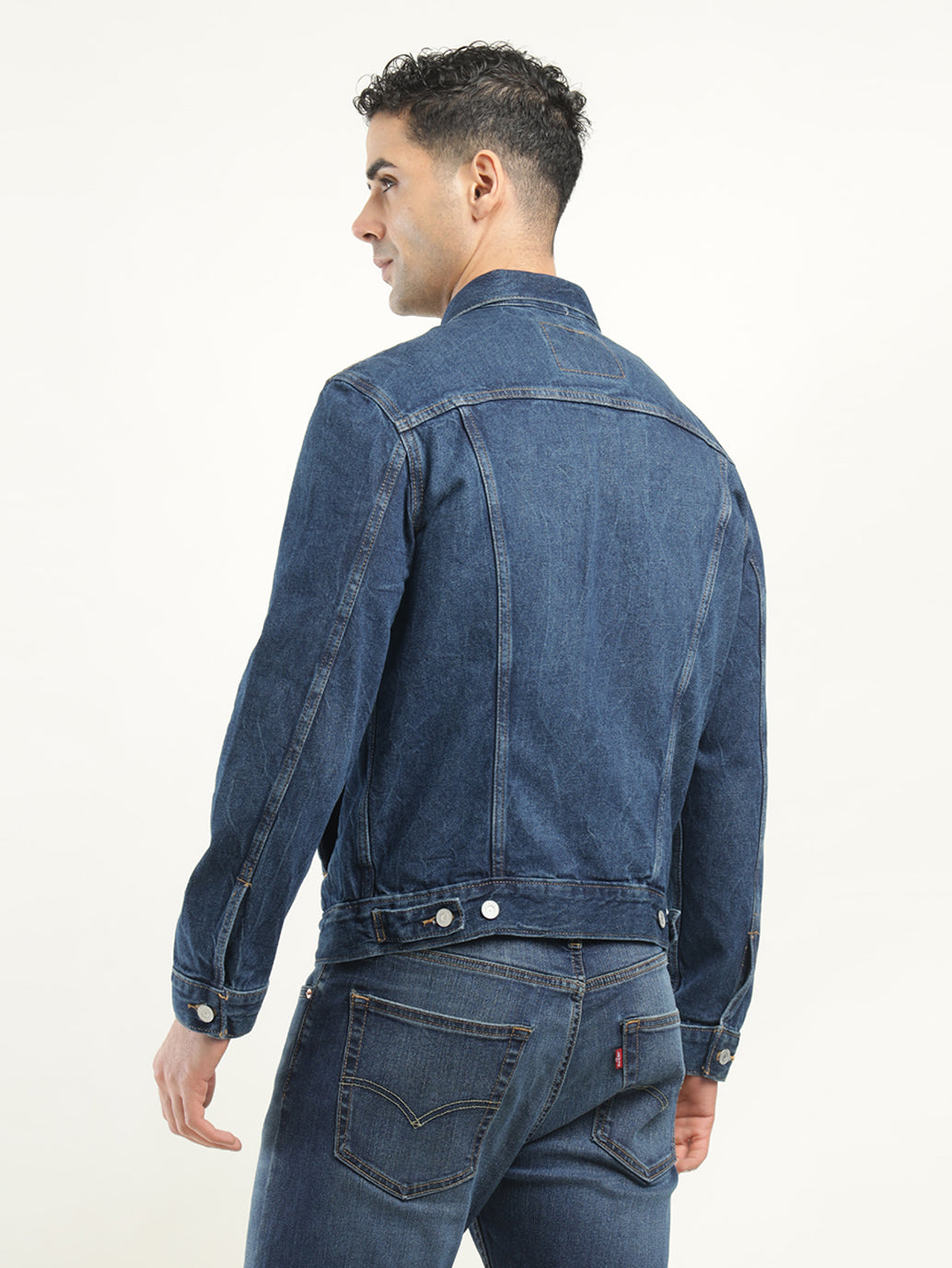 Men's Solid Dark Blue Spread Collar Denim Jacket - Back View
