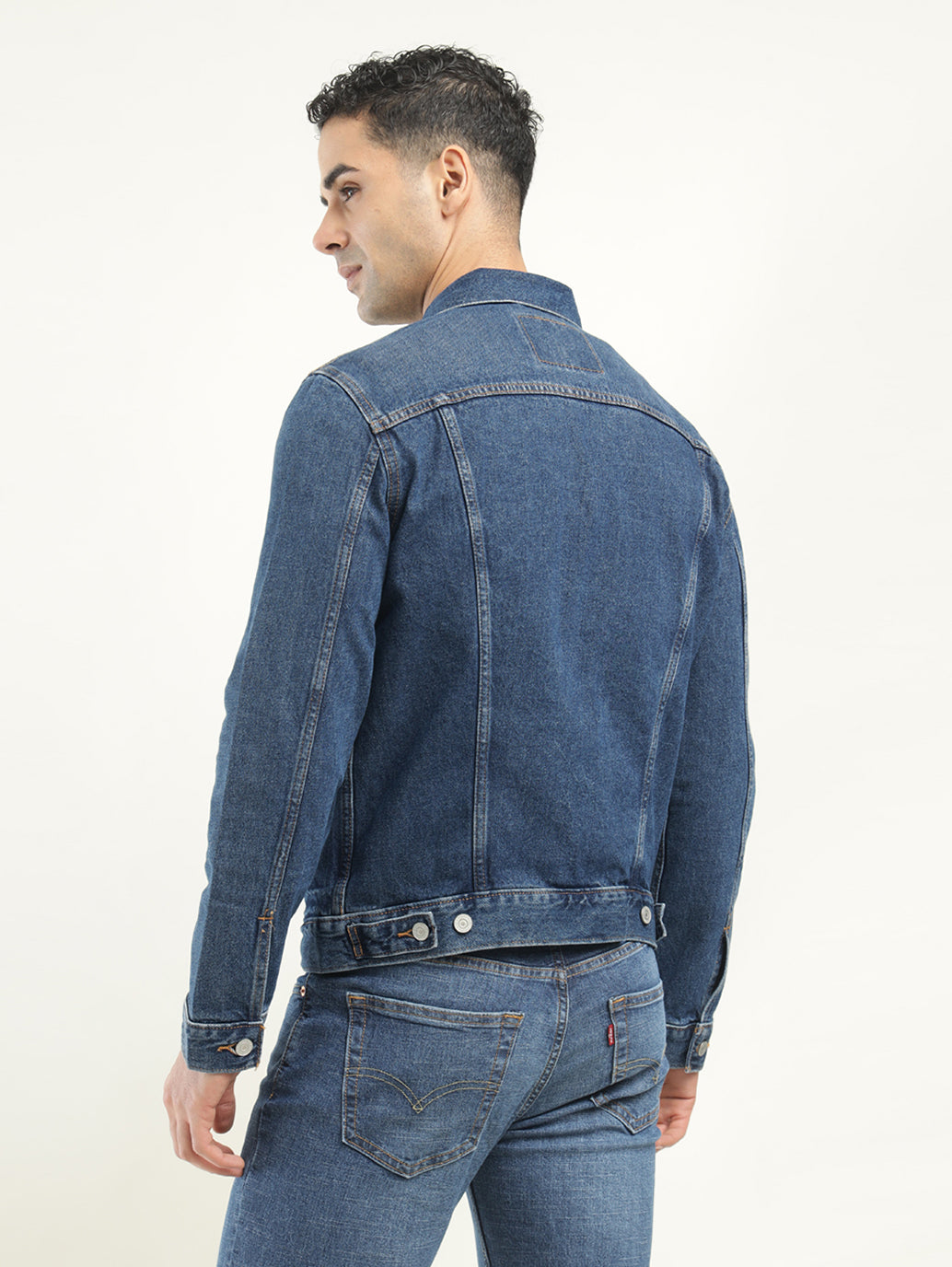 Men's Solid Blue Spread Collar Denim Jacket - Back View