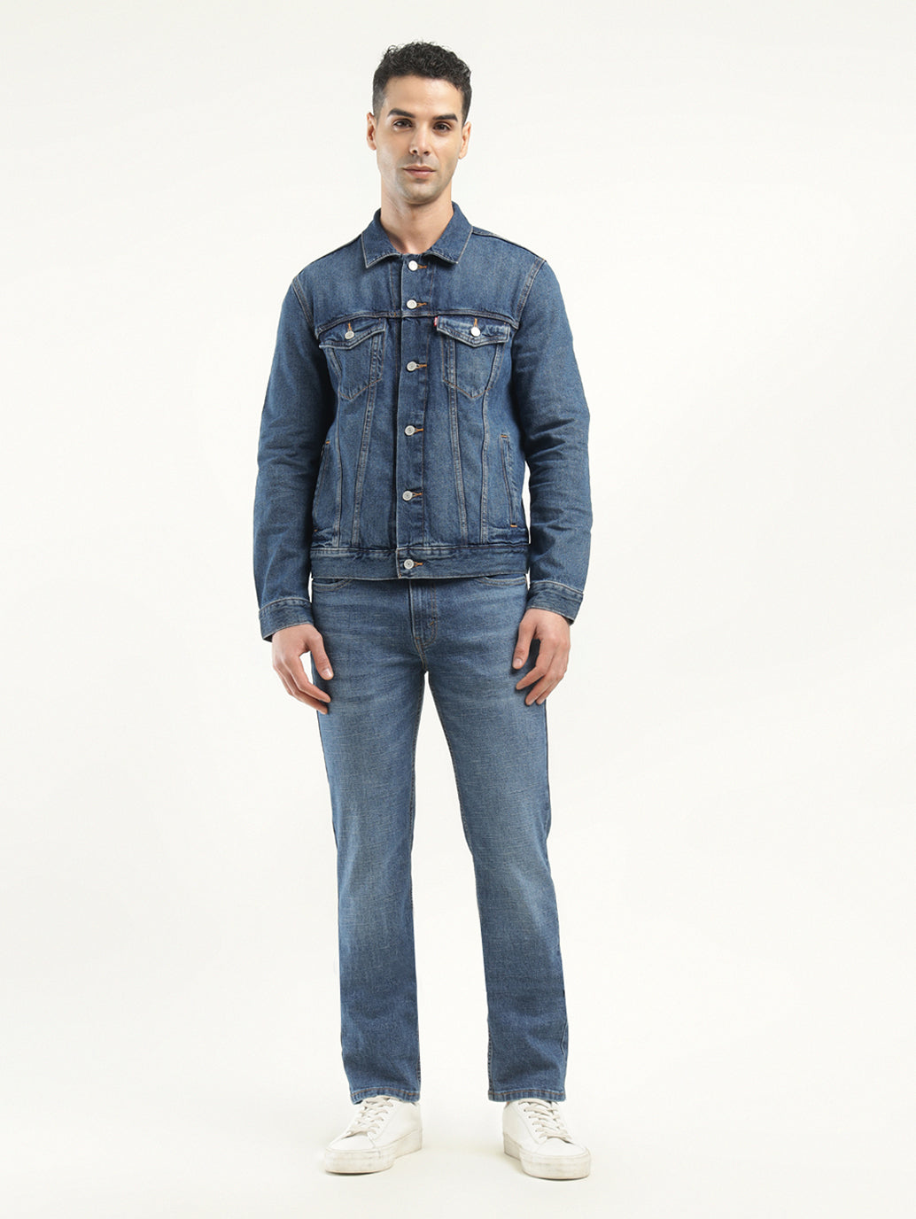 Men's Solid Blue Spread Collar Denim Jacket - ModelFront View