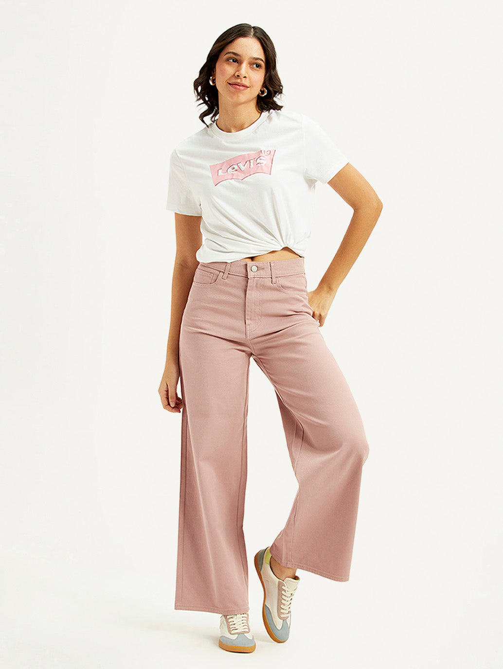 Women's Pink Wideleg Fit High Rise Jeans - Styleshot View