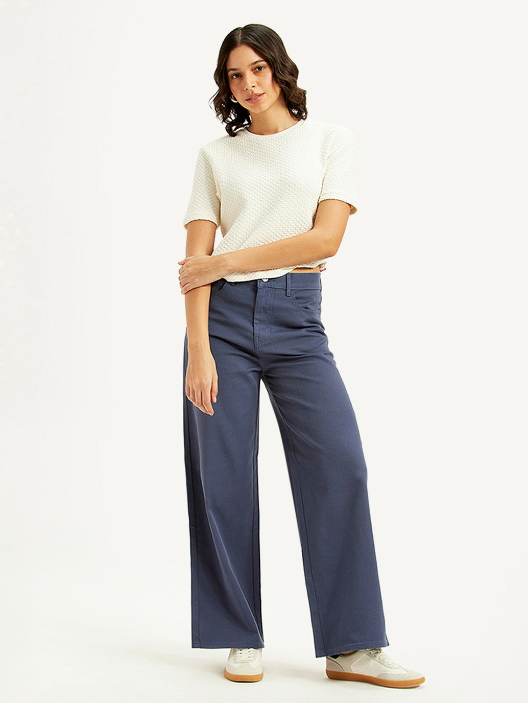 Women's Navy Blue Vintage Chino Wideleg Fit High Rise Jeans - Styleshot View