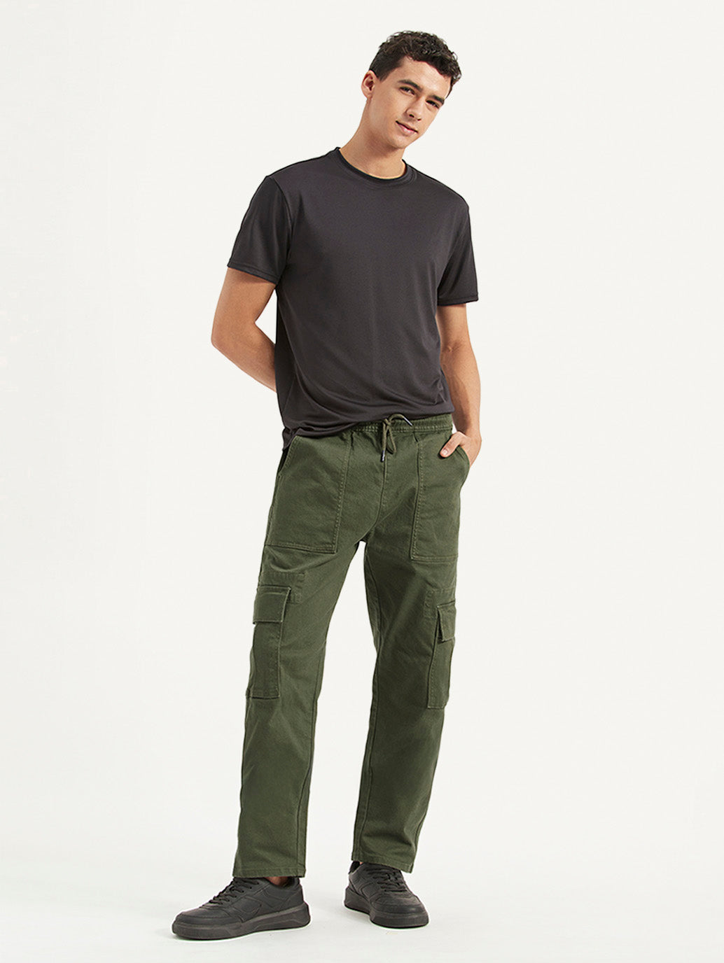 Men's Olive Tapered Fit Cargo Trousers - Styleshot View