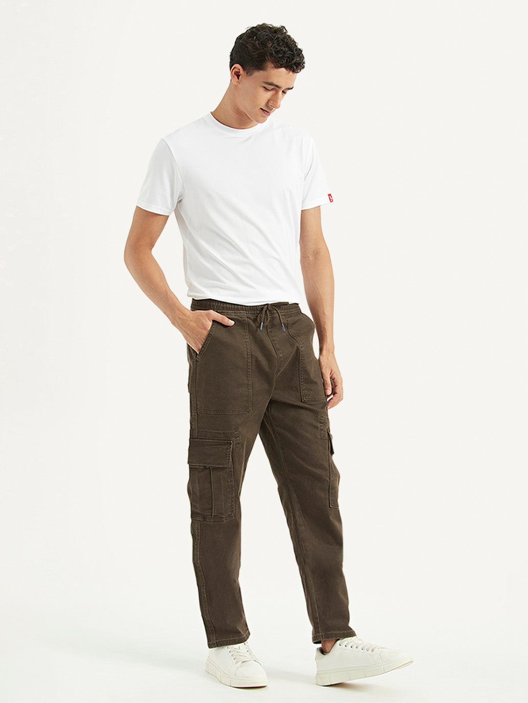 Men's Dark Brown Tapered Fit Cargo Trousers - Side View