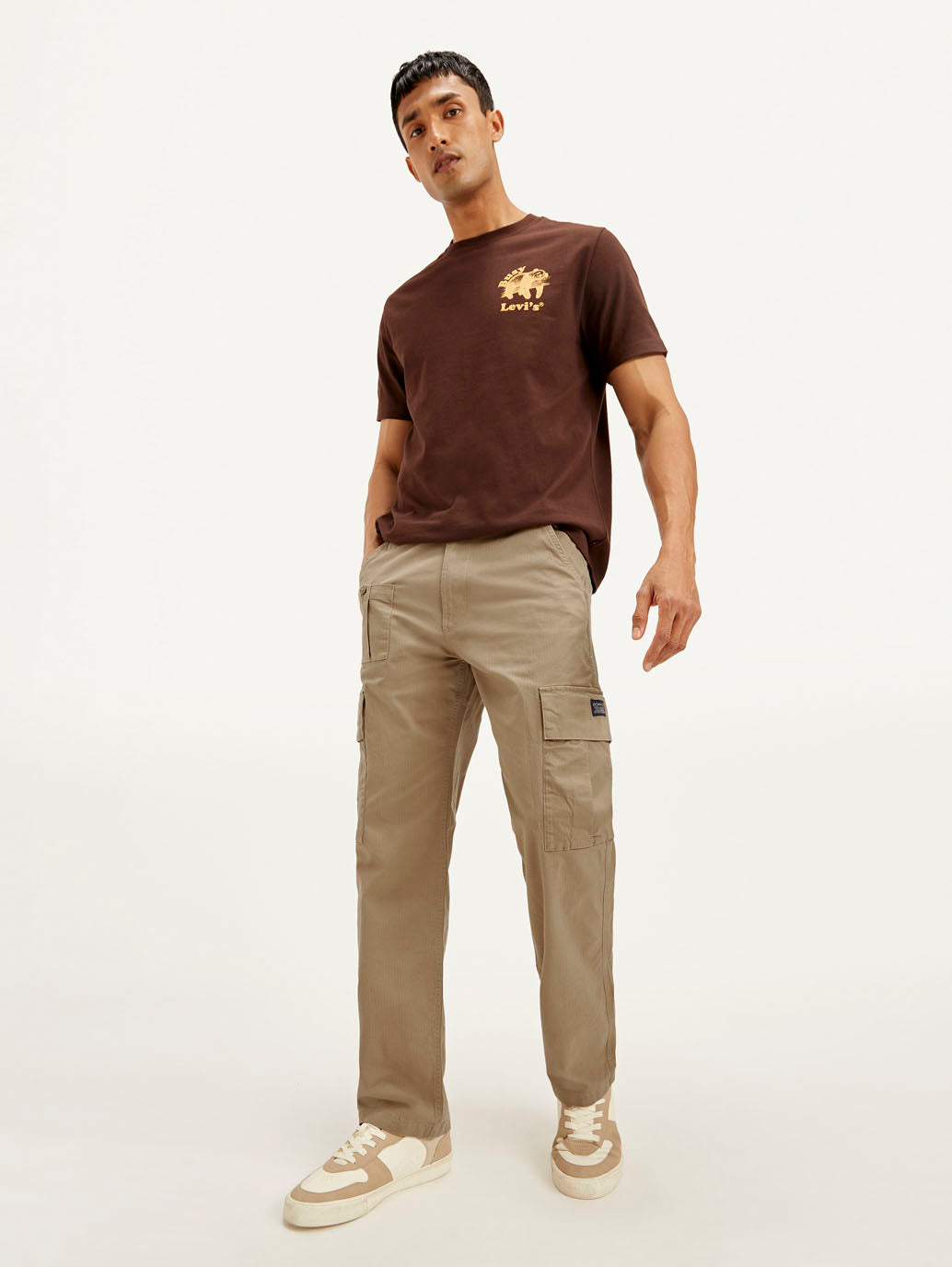 Men's Brown Loose Fit Cargo Trousers - Elevated View