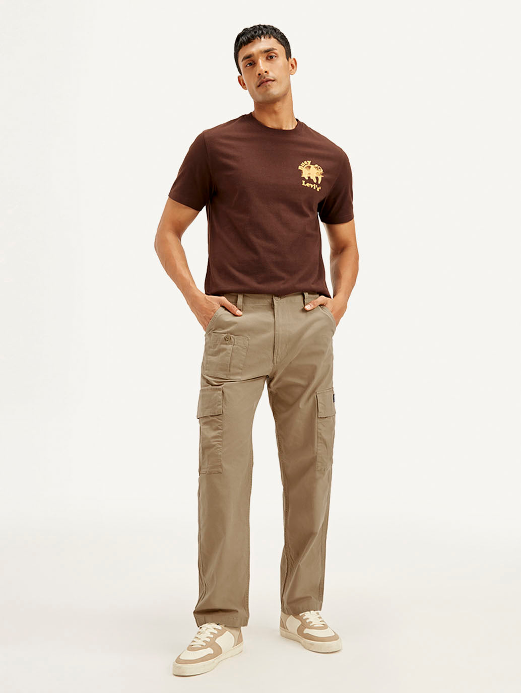 Men's Brown Loose Fit Cargo Trousers - Styleshot View
