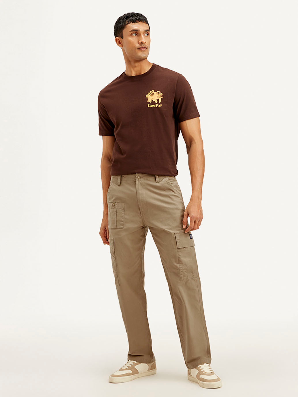 Men's Brown Loose Fit Cargo Trousers - Front View