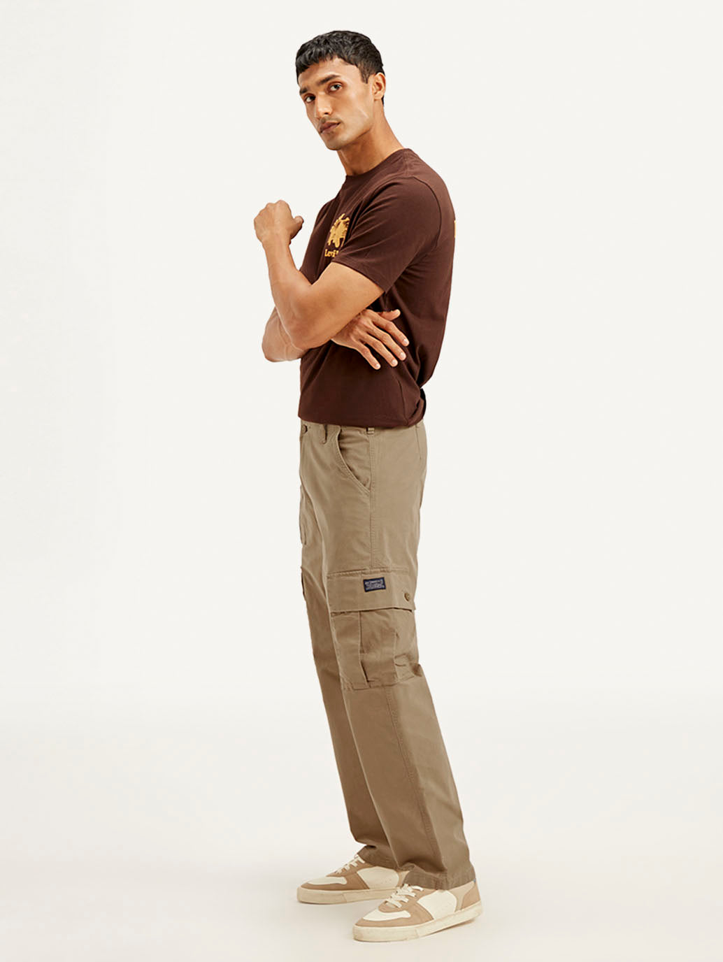 Men's Brown Loose Fit Cargo Trousers - Side View