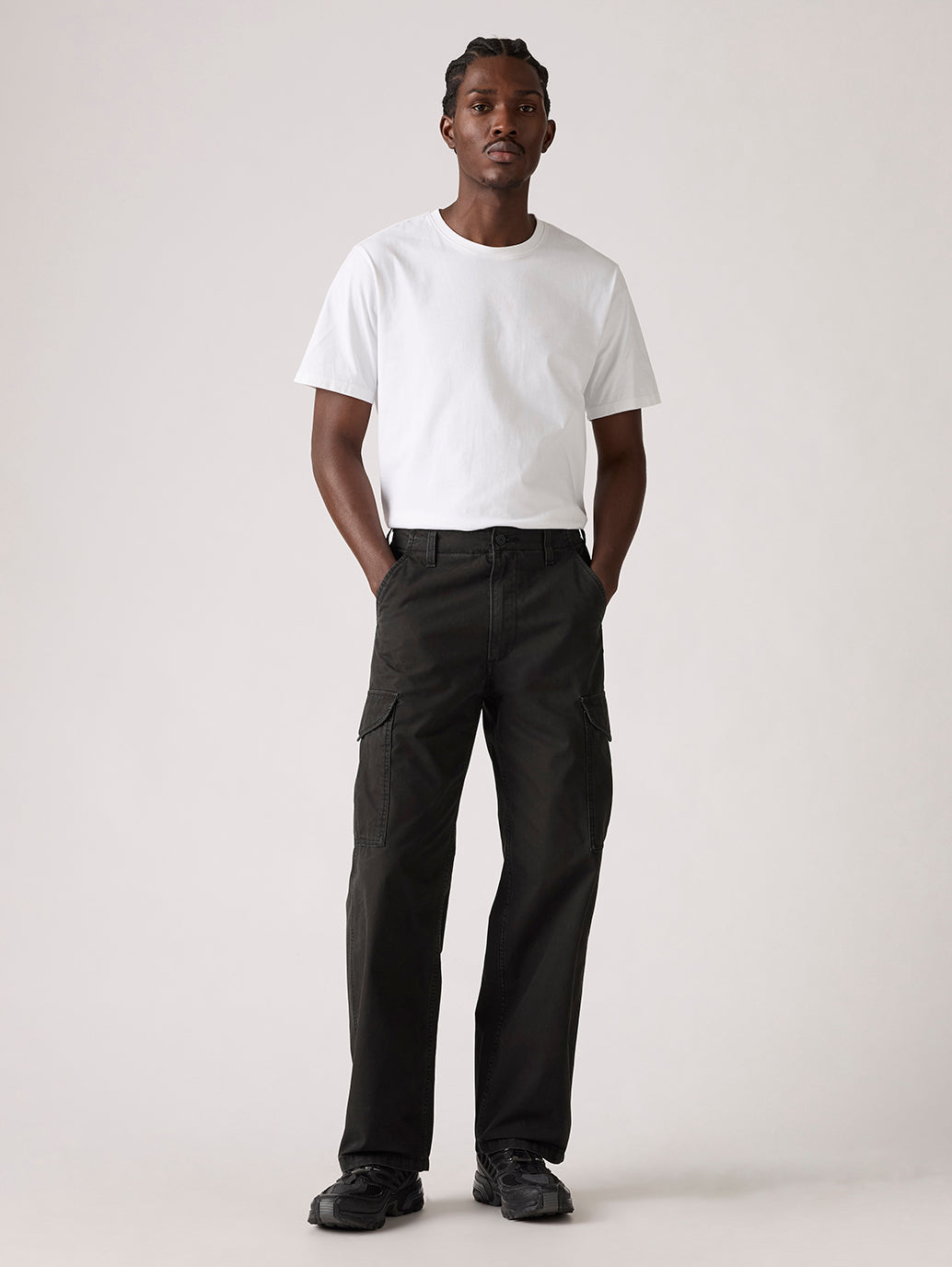 Men's Black Baggy Fit Mid Rise Cargo Trousers - Front View