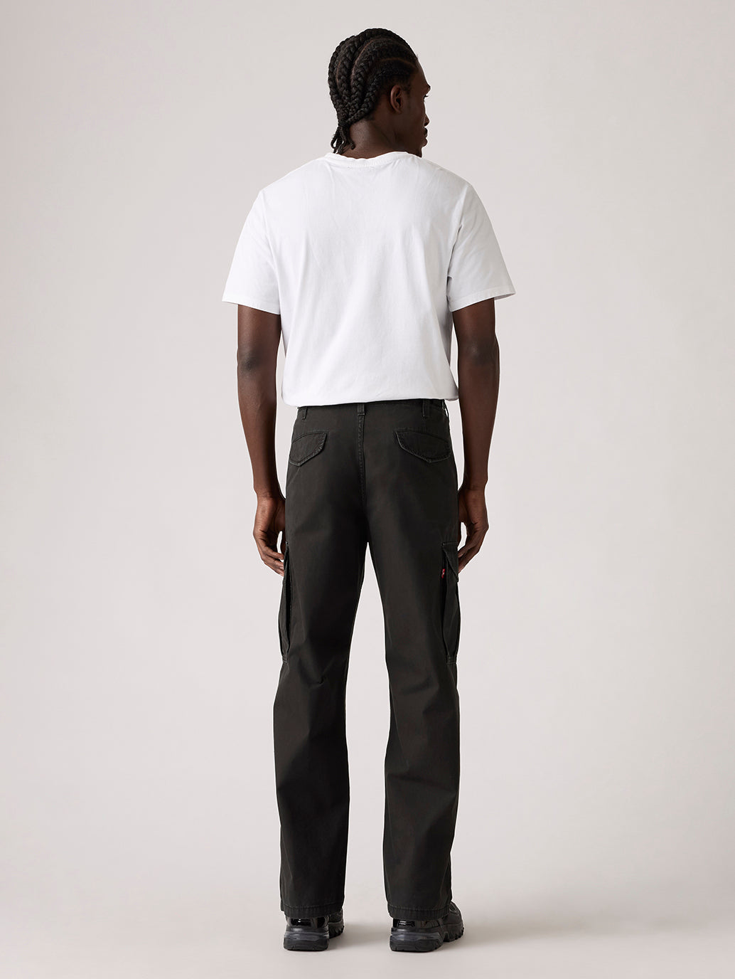 Men's Black Baggy Fit Mid Rise Cargo Trousers - Back View