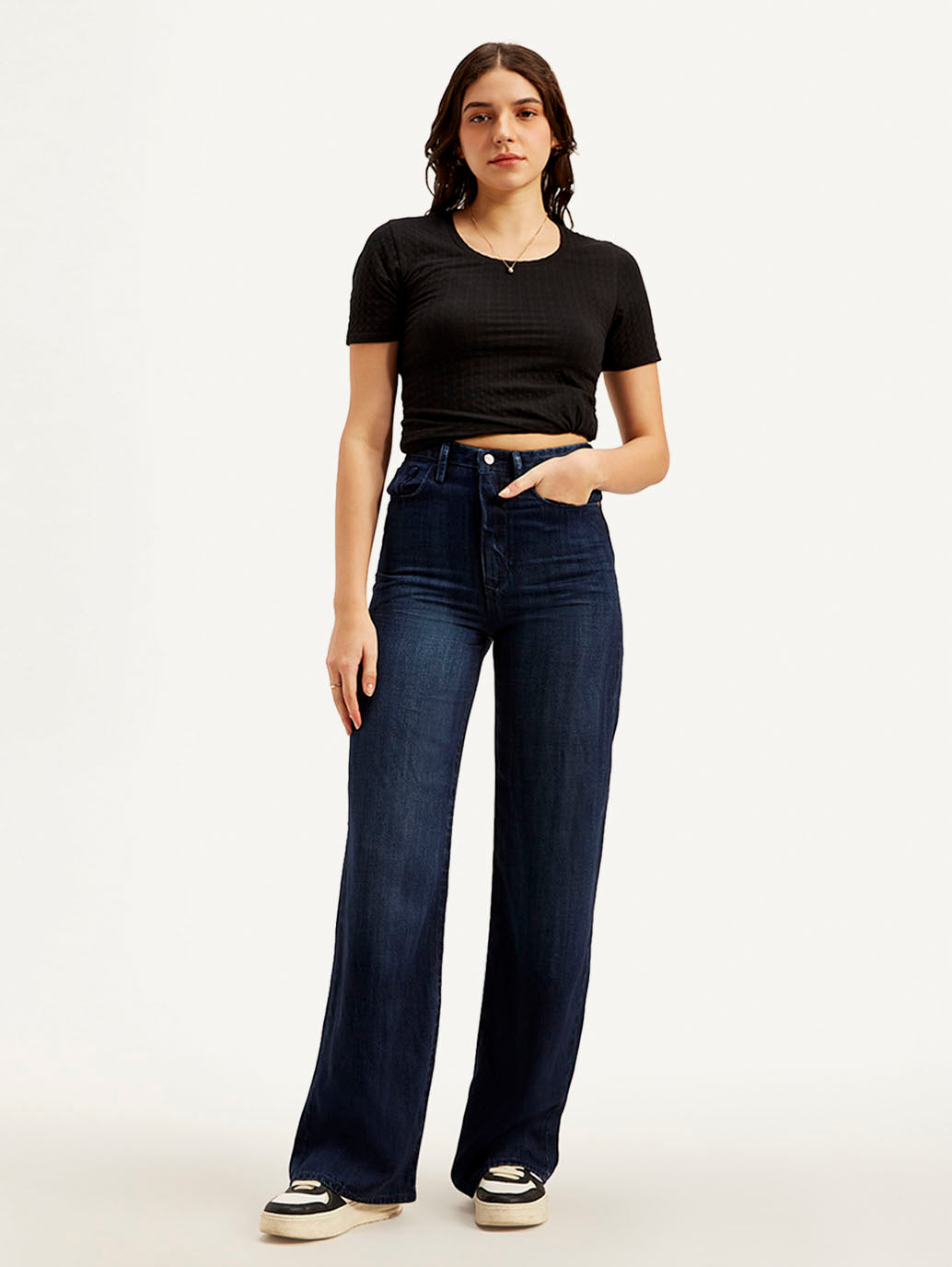 Women's Redloop Dark Blue Ribcage Bell Bottom Wide Leg Fit High Rise Jeans - Styleshot View