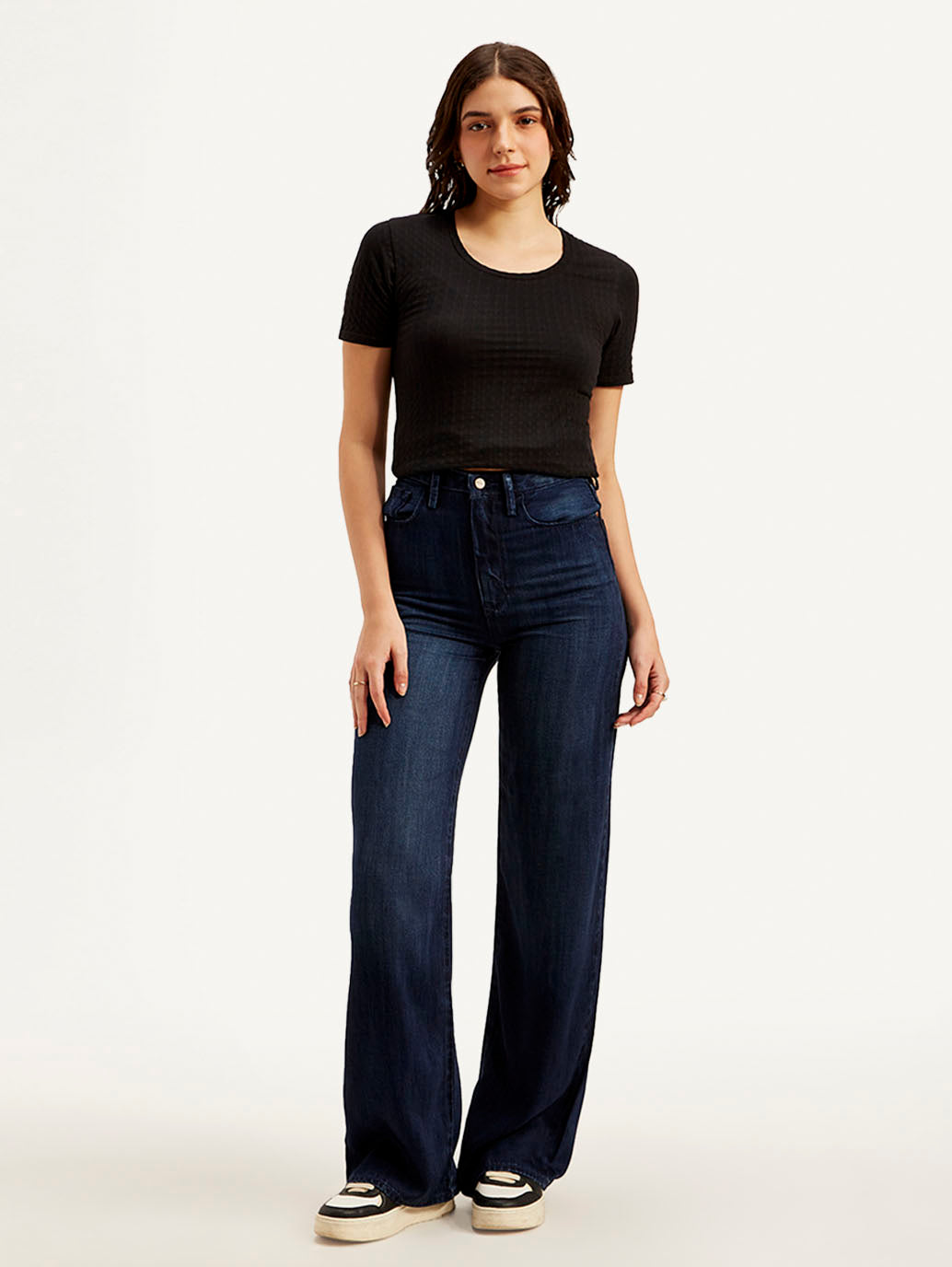 Women's Redloop Dark Blue Ribcage Bell Bottom Wide Leg Fit High Rise Jeans - Front View