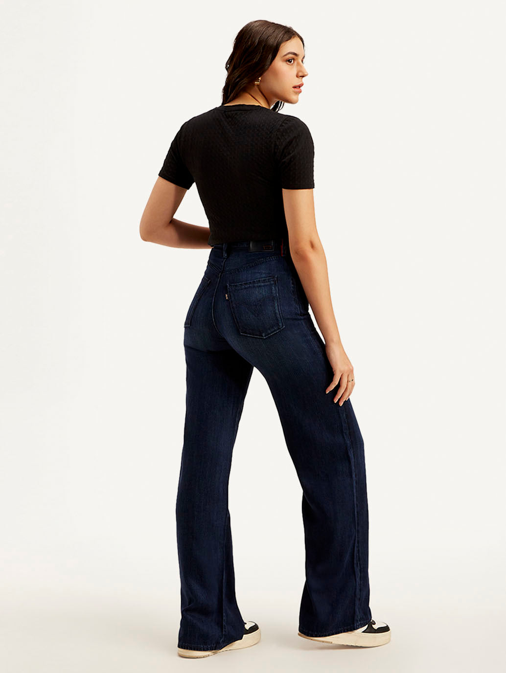 Women's Redloop Dark Blue Ribcage Bell Bottom Wide Leg Fit High Rise Jeans - Back View