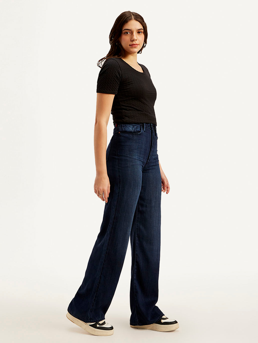 Women's Redloop Dark Blue Ribcage Bell Bottom Wide Leg Fit High Rise Jeans - Side View