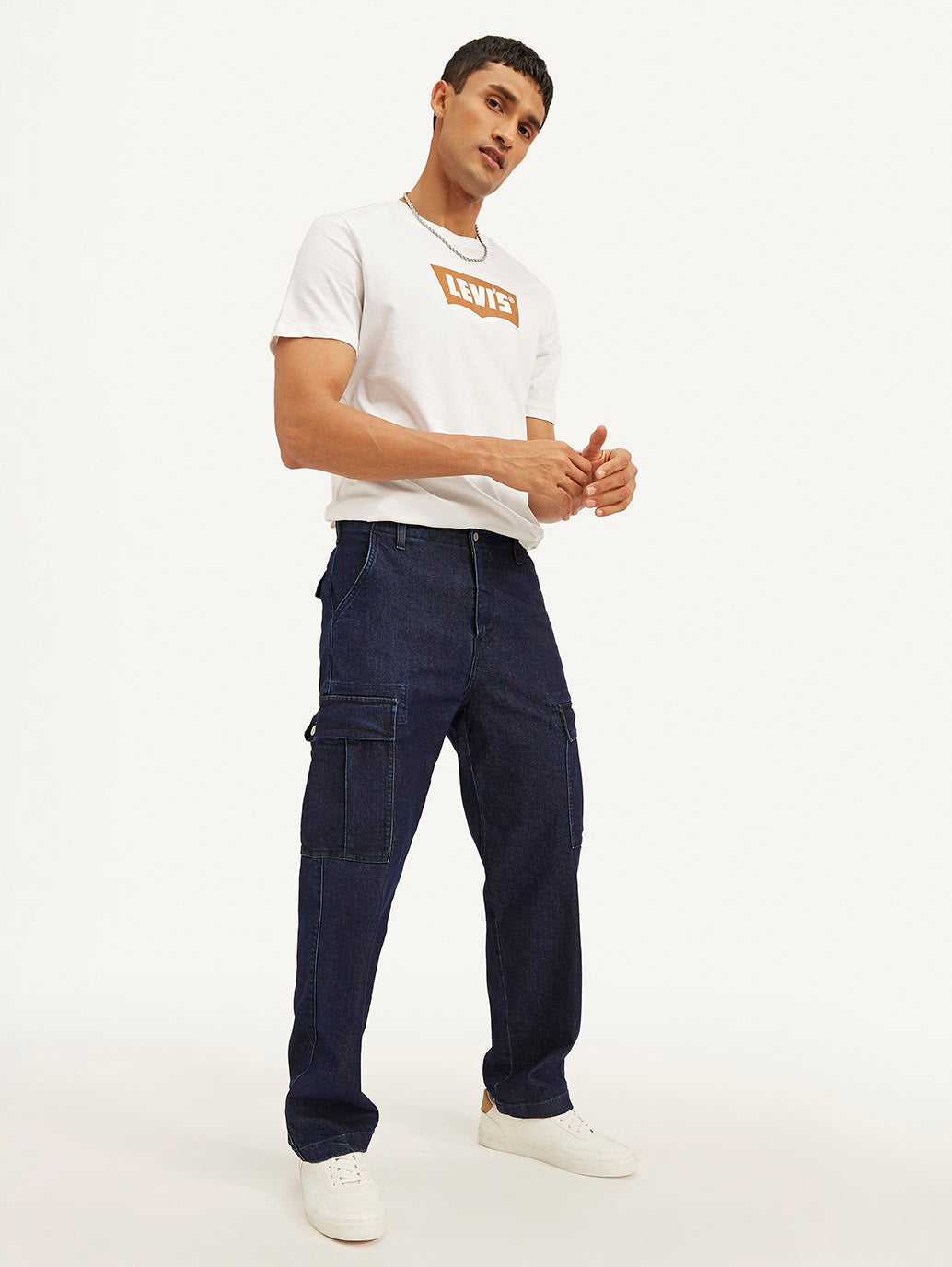 Men's Navy Blue Straight Fit Mid Rise Cargo Jeans - Elevated View