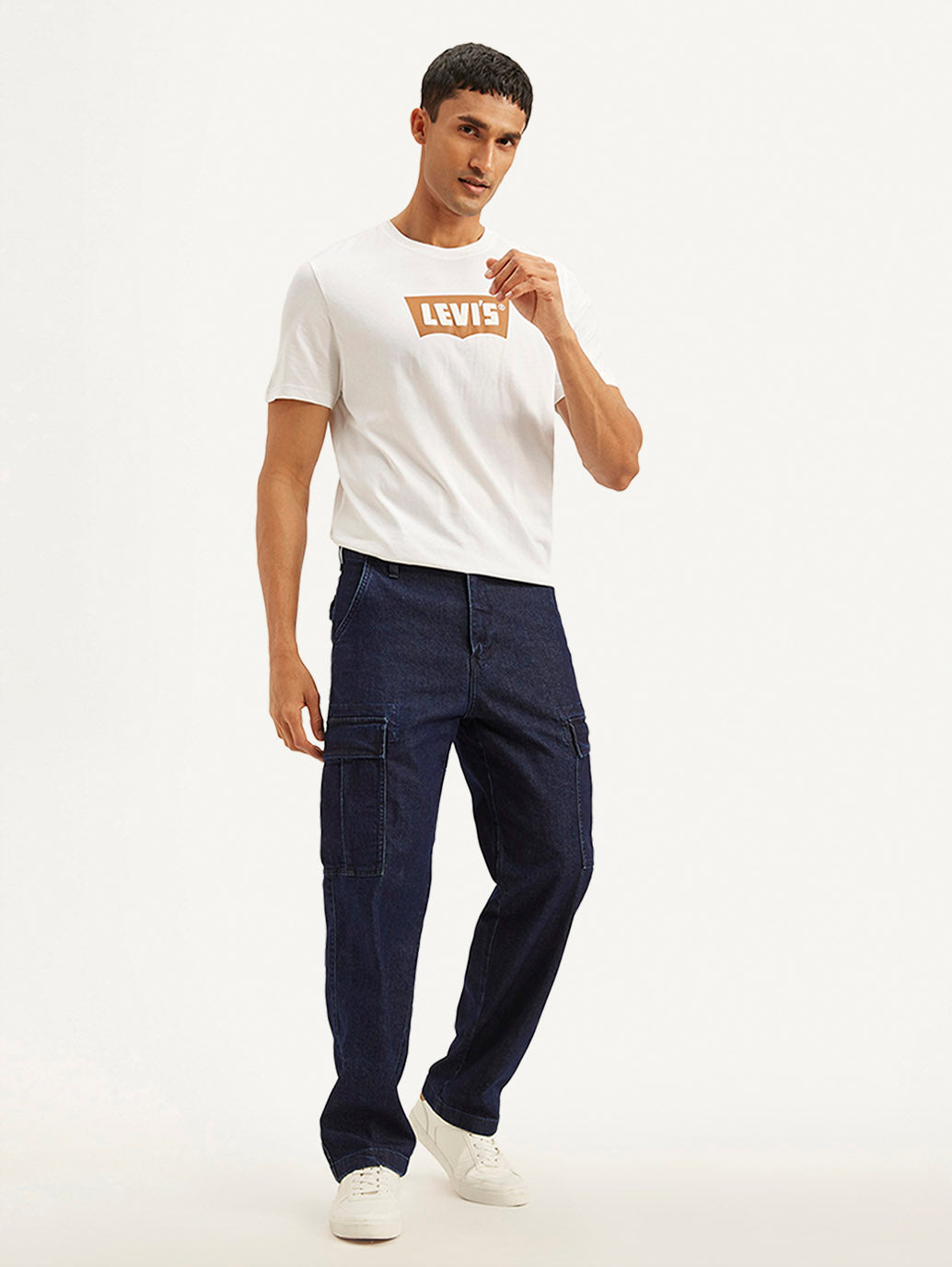 Men's Navy Blue Straight Fit Mid Rise Cargo Jeans - Styleshot View