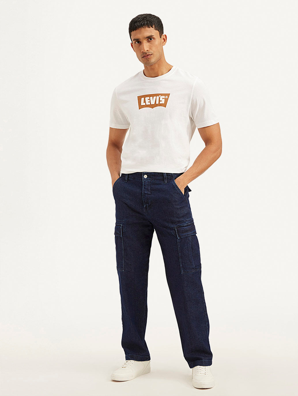 Men's Navy Blue Straight Fit Mid Rise Cargo Jeans - Front View