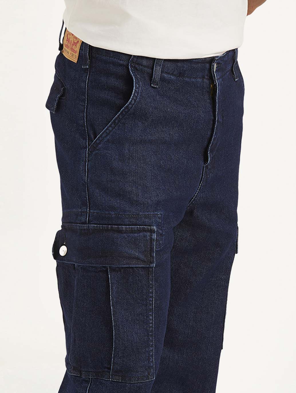Men's Navy Blue Straight Fit Mid Rise Cargo Jeans - Detail View