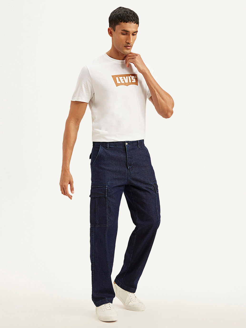 Men's Navy Blue Straight Fit Mid Rise Cargo Jeans - Side View