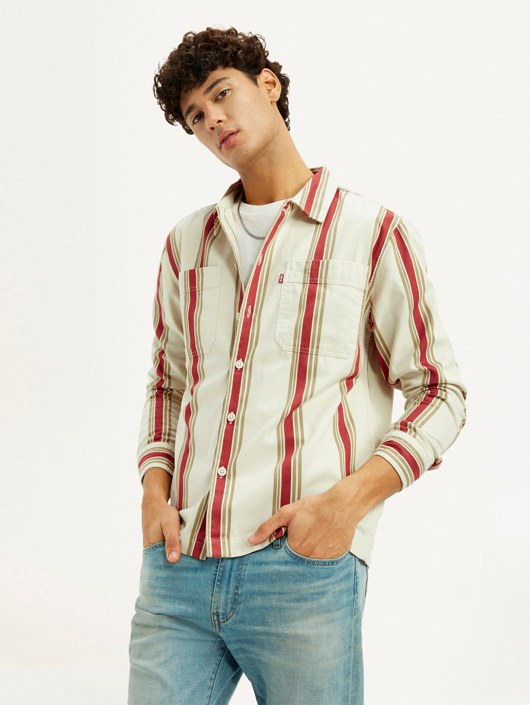 Men's Striped Multi Color Relaxed Fit Shirt - Elevated View