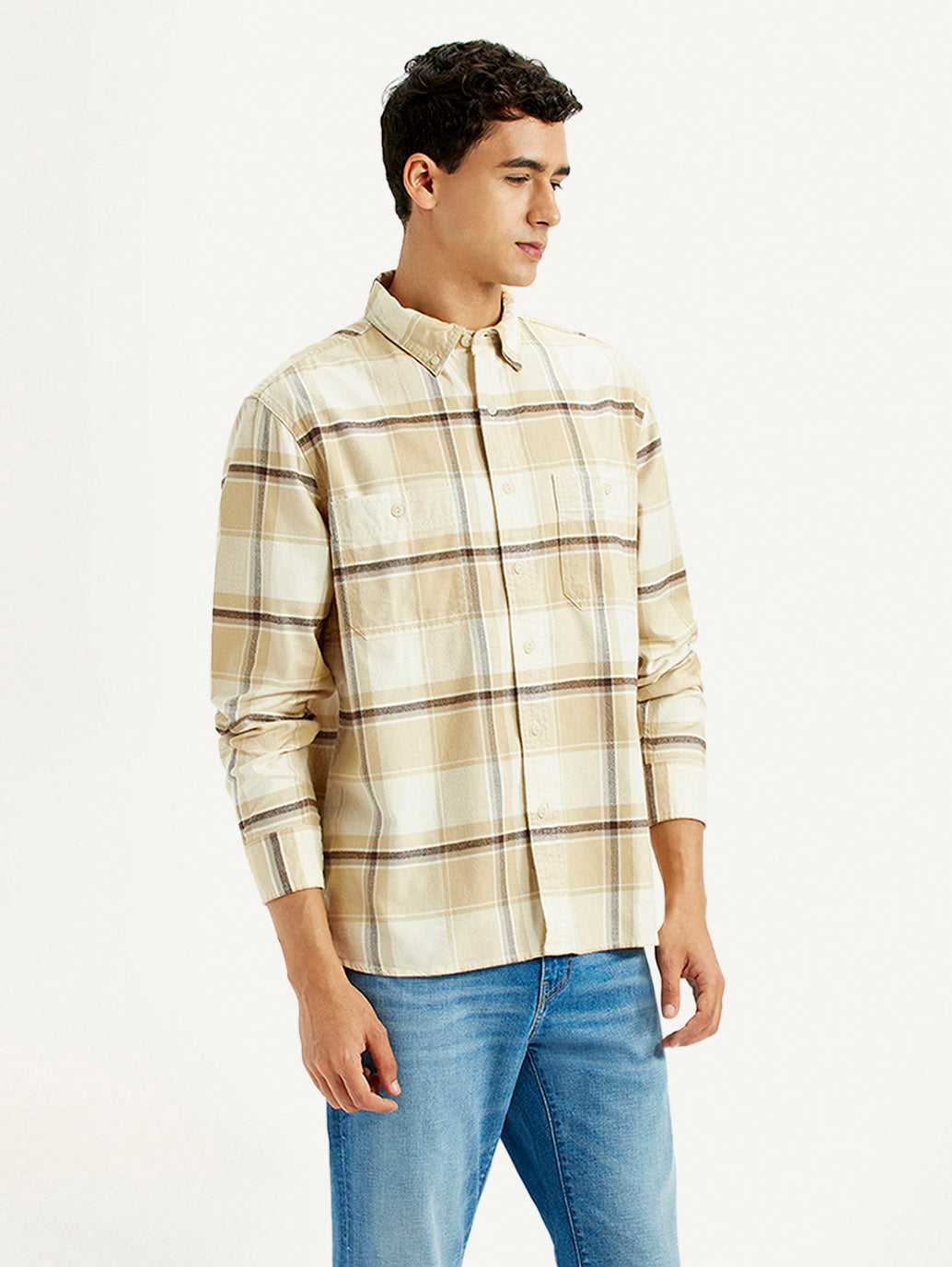 Men's Checkered Beige Flannel Shirt - Side View