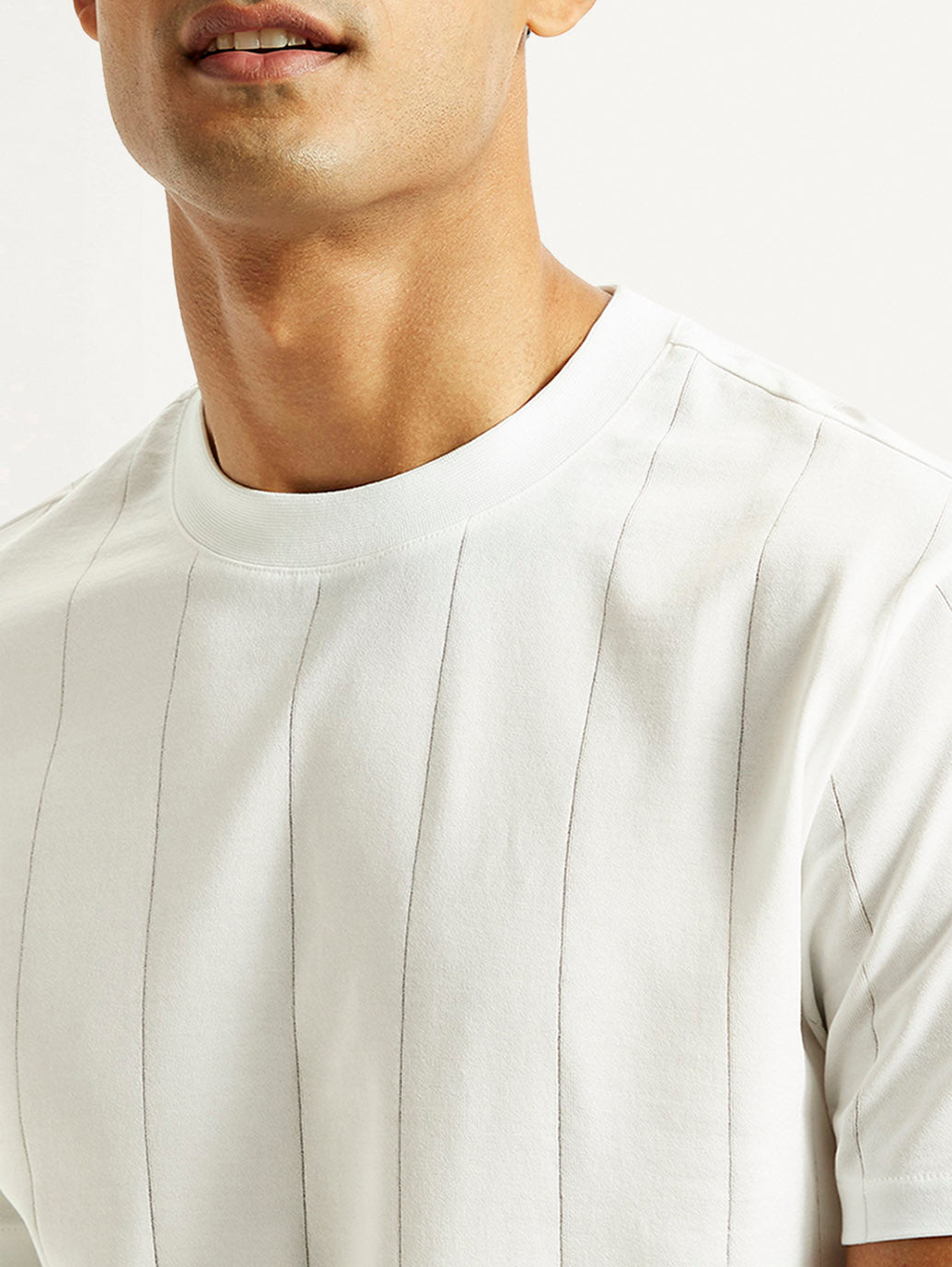 Men's Striped White Crew Neck T-shirt - Detail View