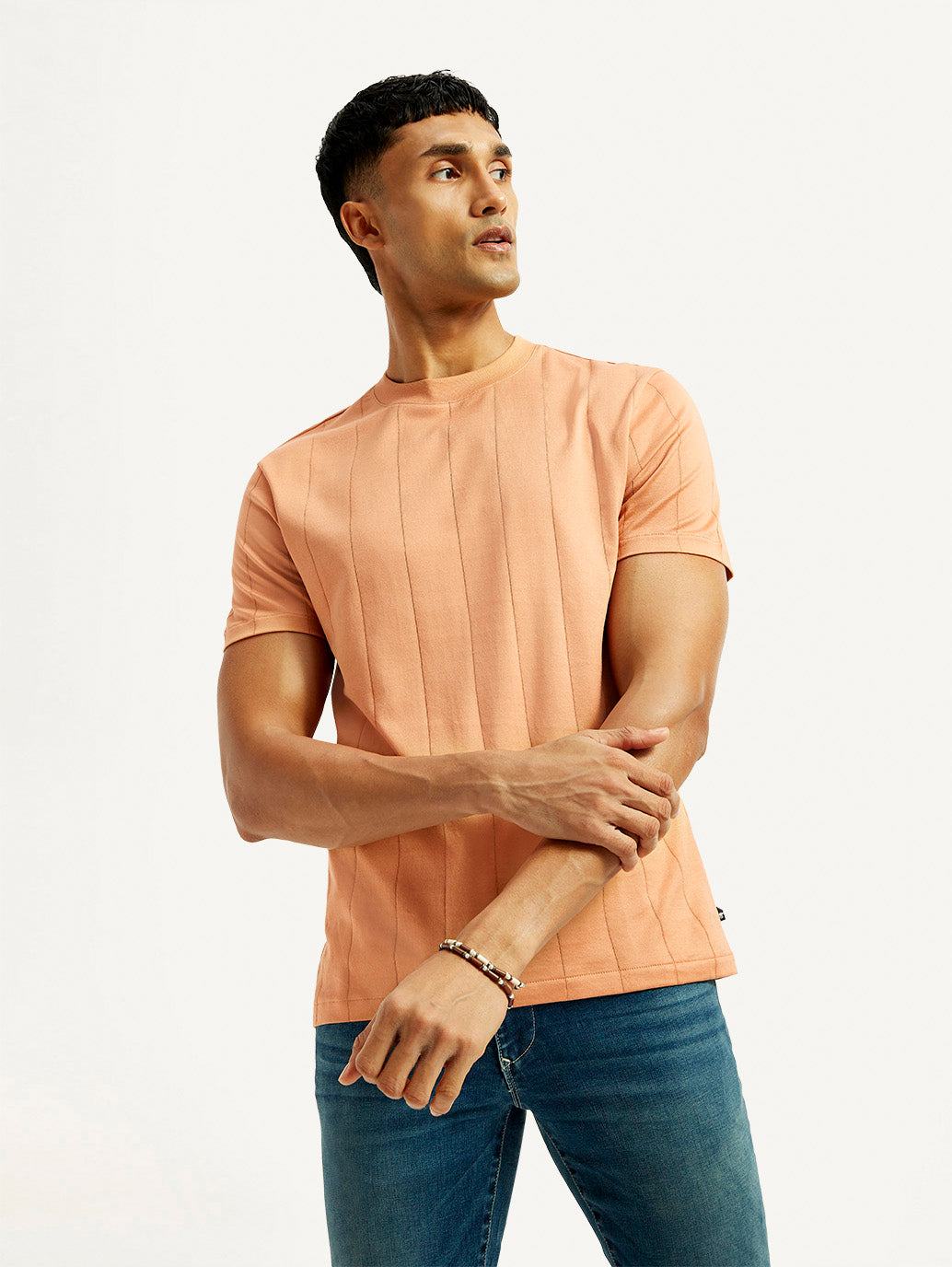 Men's Striped Peach Crew Neck T-shirt - Elevated View