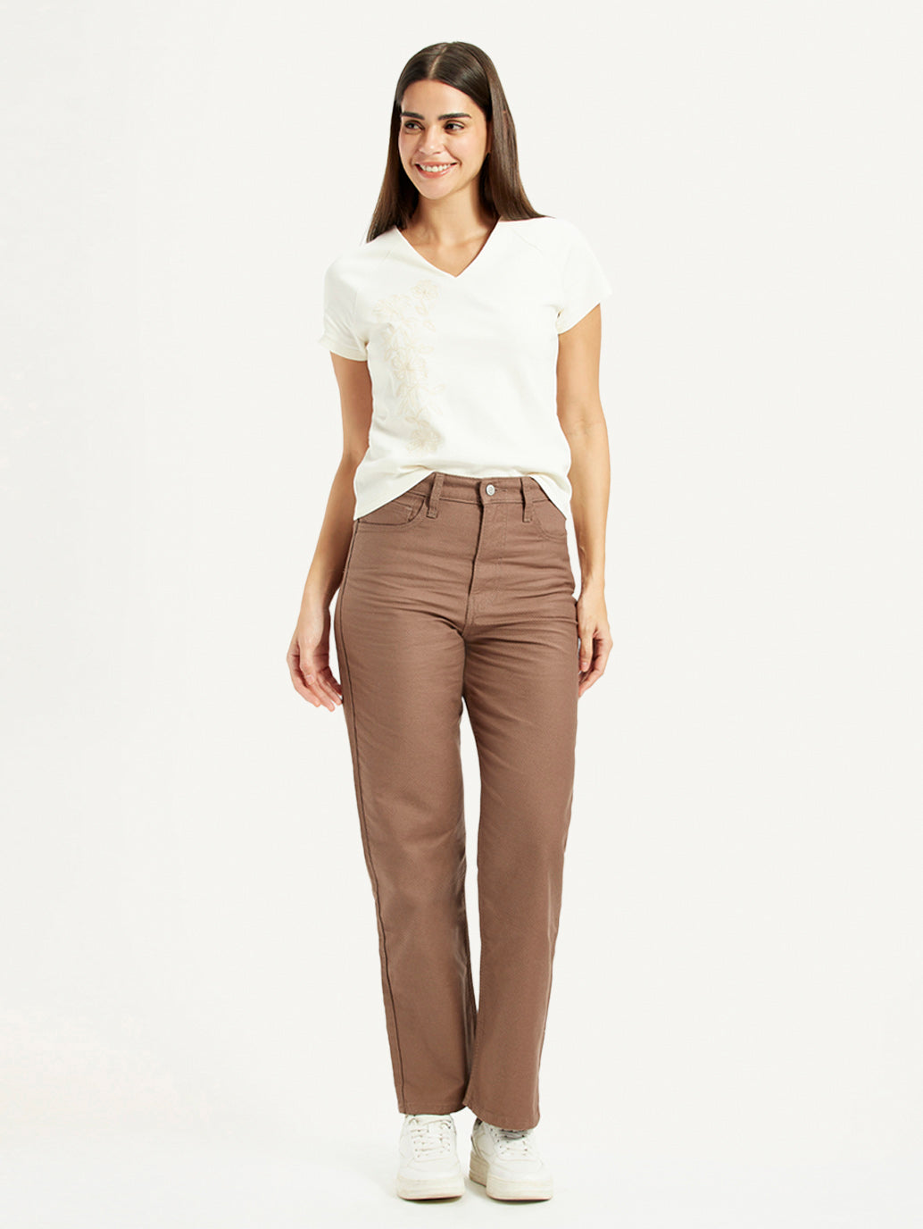 Women's Brown Ribcage Straight Fit High Rise Jeans - Styleshot View
