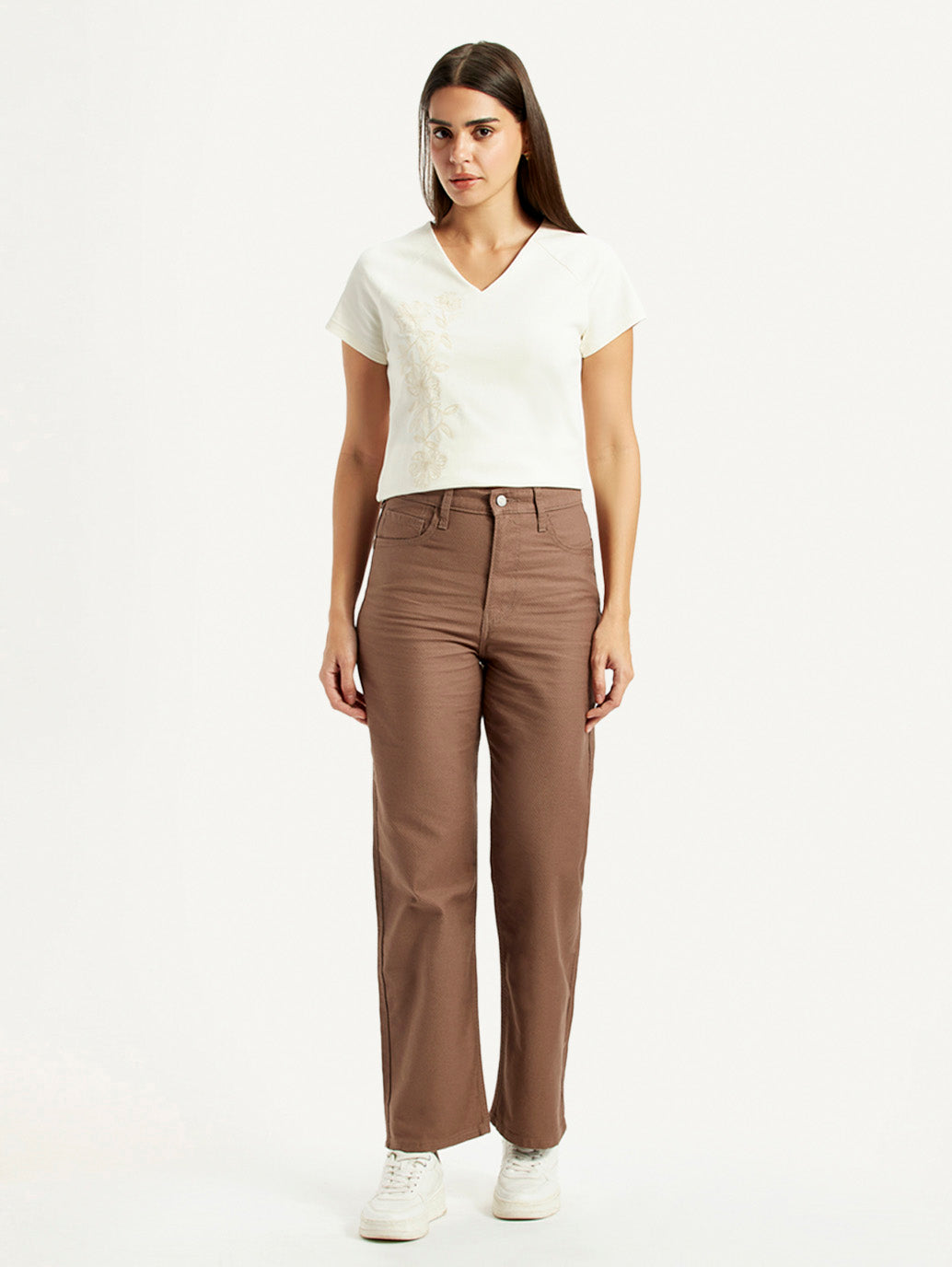 Women's Brown Ribcage Straight Fit High Rise Jeans - Front View