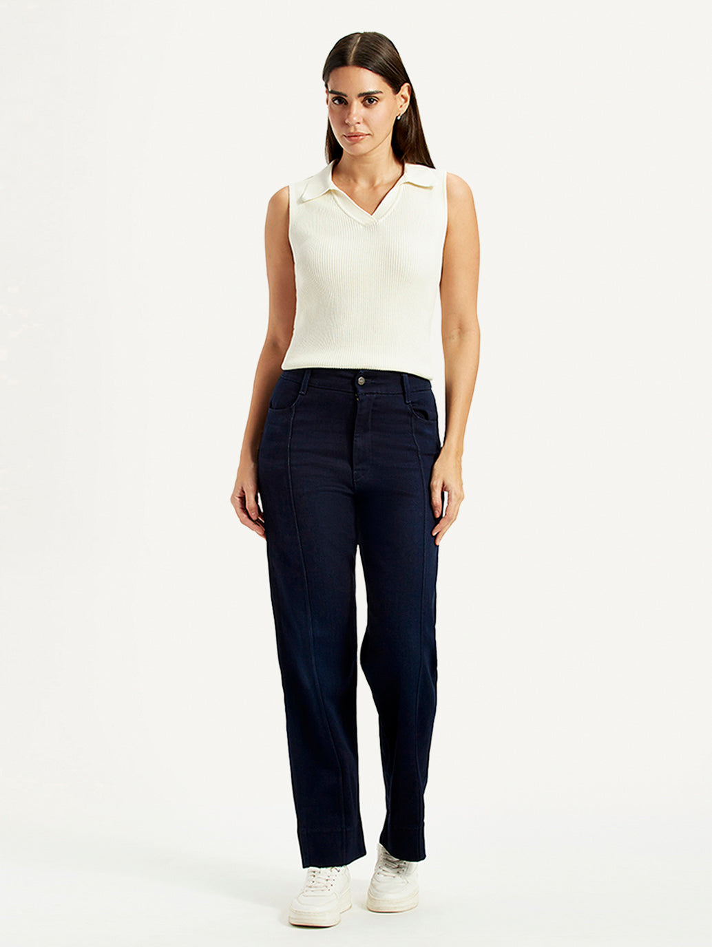Women's Redloop Dark Blue Ribcage Straight Fit High Rise Jeans - Front View