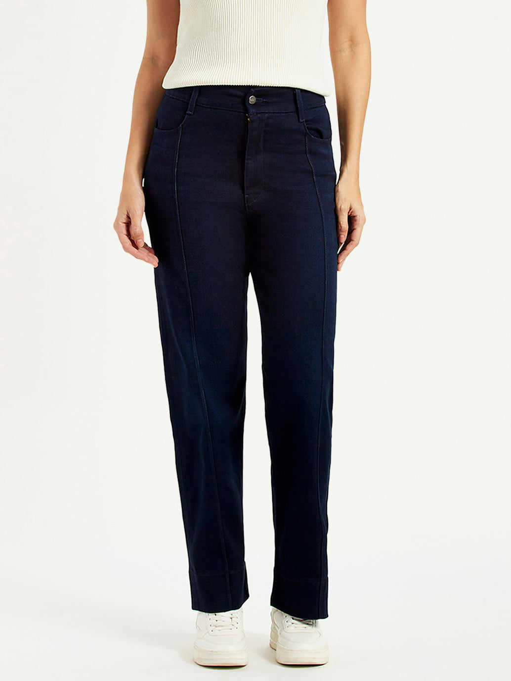 Women's Redloop Dark Blue Ribcage Straight Fit High Rise Jeans - Front View