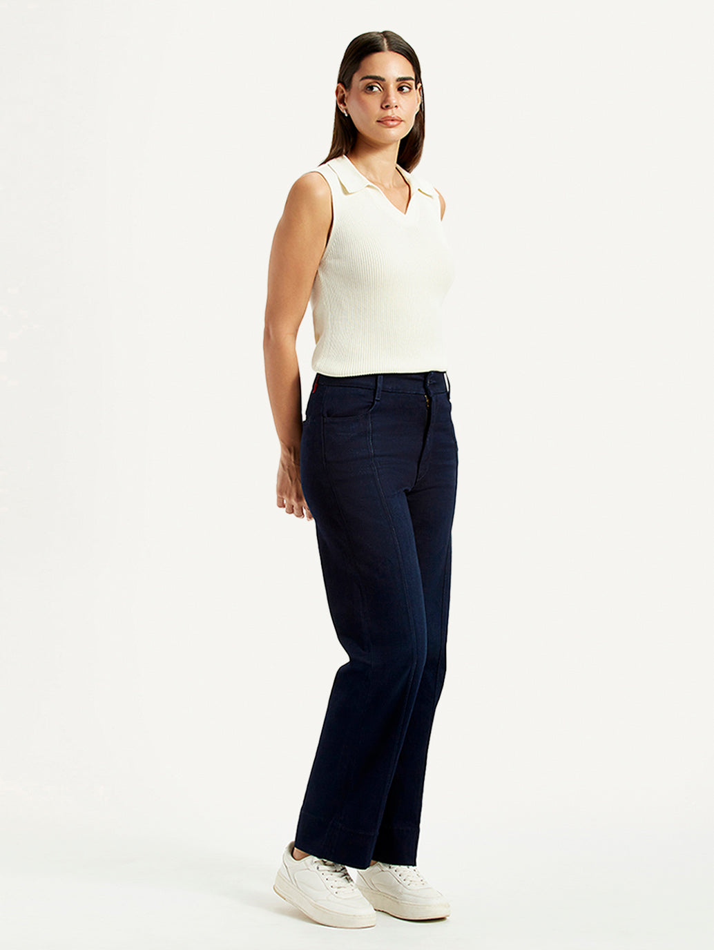 Women's Redloop Dark Blue Ribcage Straight Fit High Rise Jeans - Side View