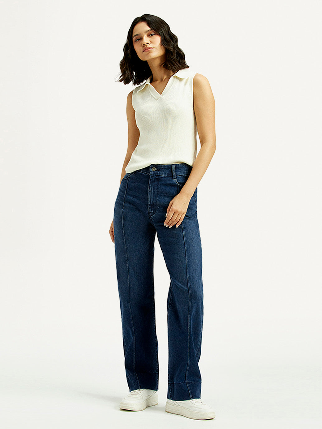 Women's Redloop Dark Blue Ribcage Straight Fit High Rise Jeans - Styleshot View