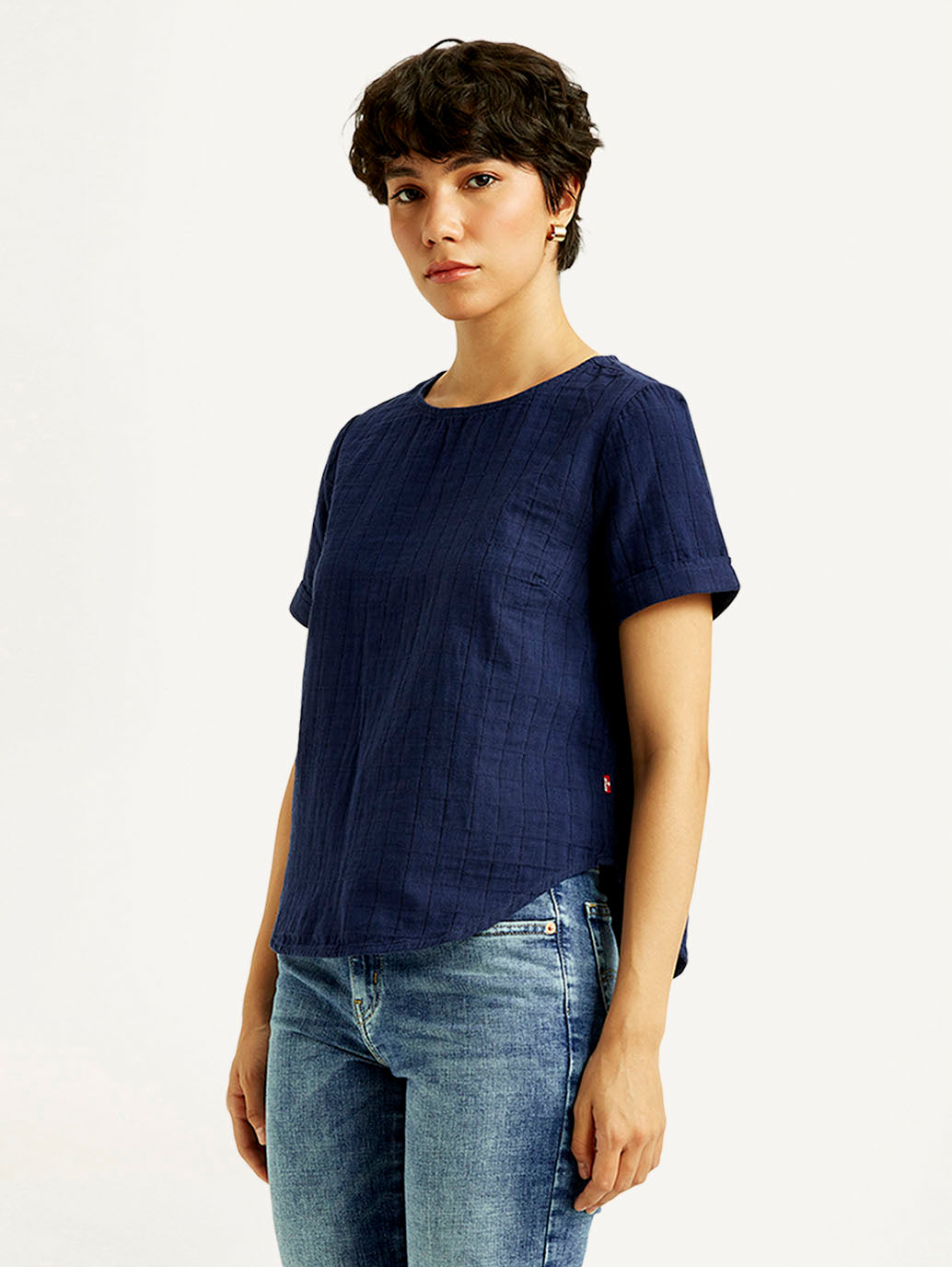 Women's Self Navy Round Neck Top - Side View