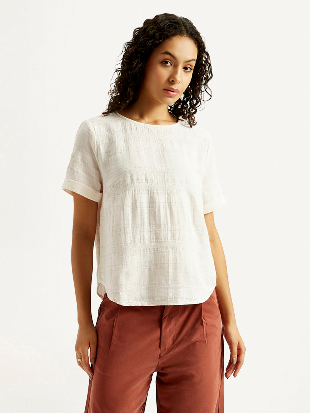 Women's Self Design Off White Round Neck Top - Styleshot View