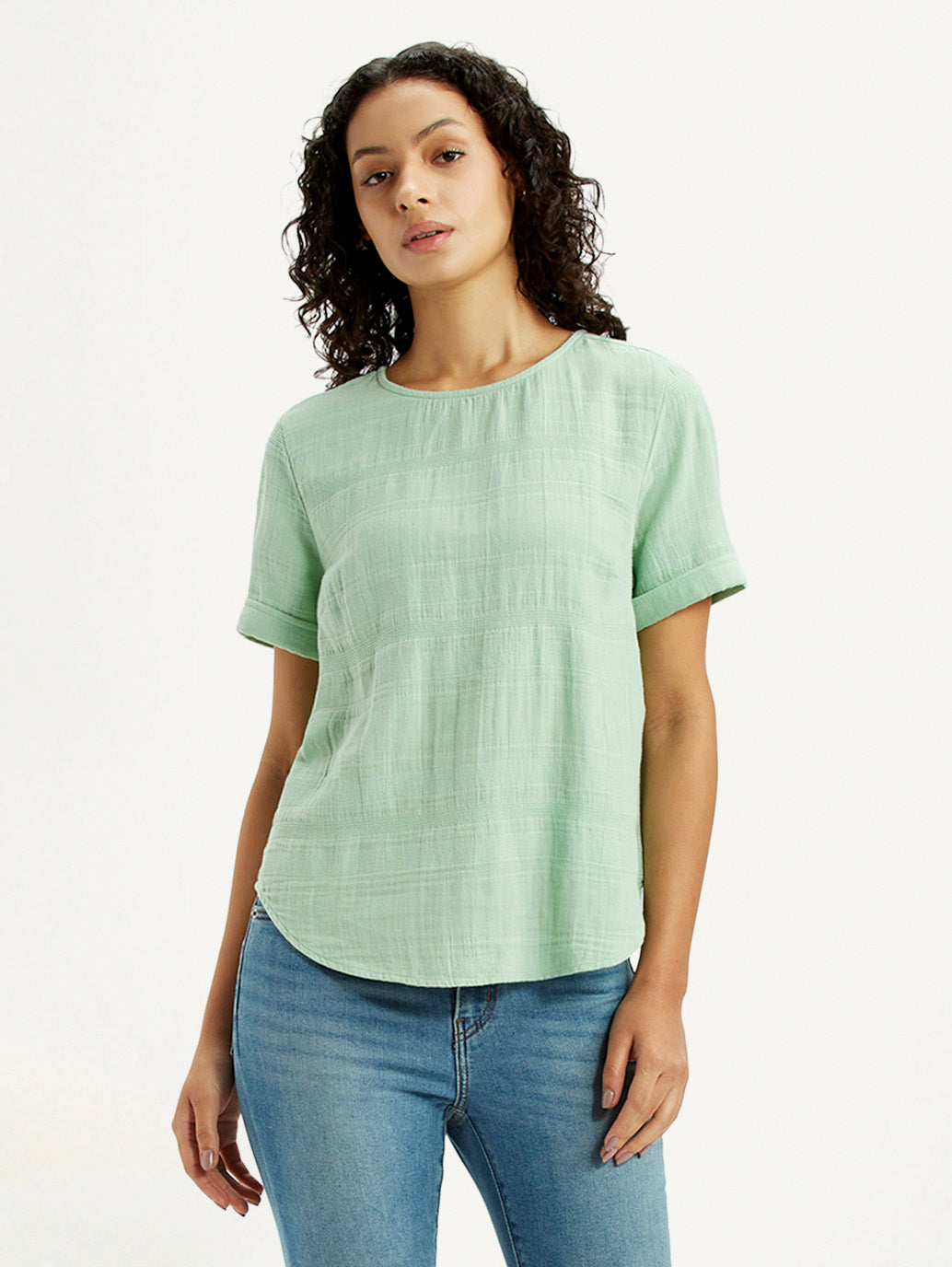Women's Self Design Light Green Round Neck Top - Styleshot View