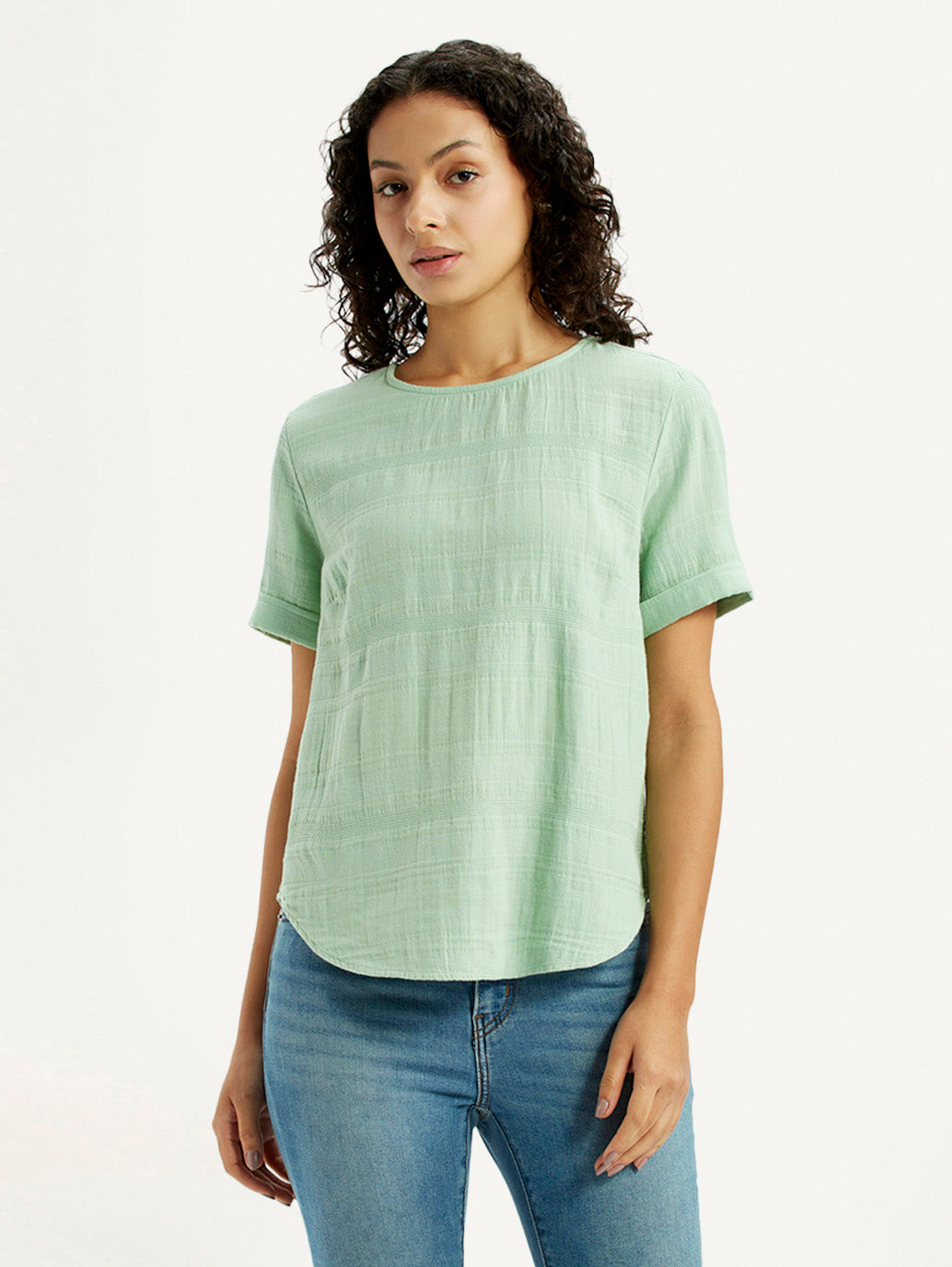 Women's Self Design Light Green Round Neck Top - Front View