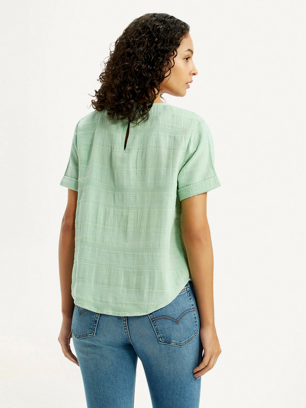 Women's Self Design Light Green Round Neck Top - Back View