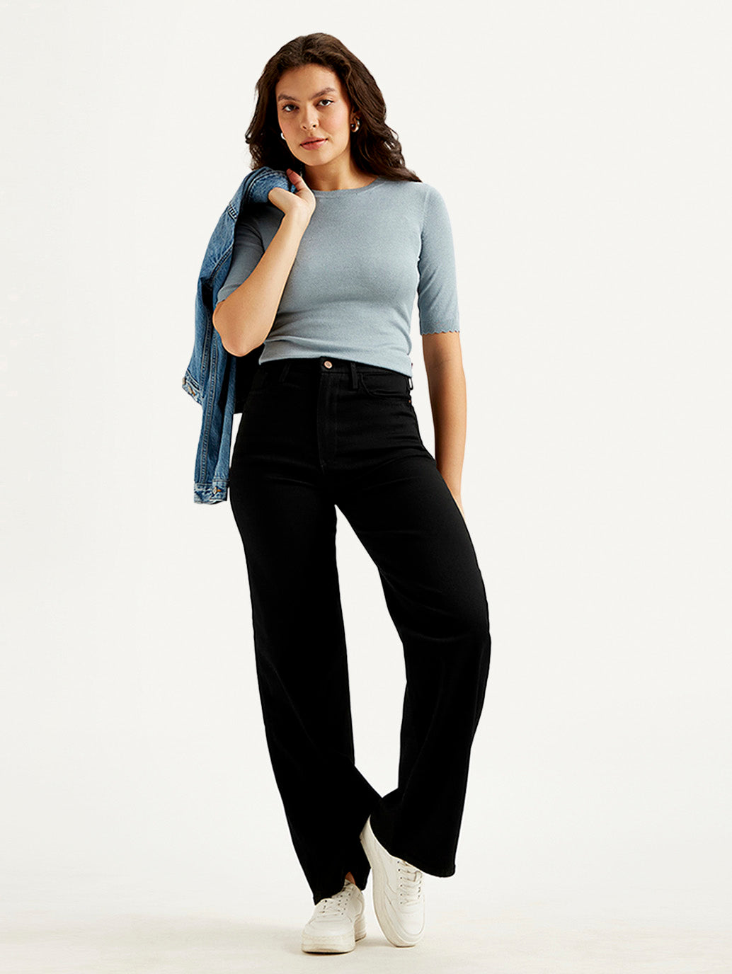 Women's Redloop Black Ribcage Bell Bottom Wide Leg Fit Mid Rise Jeans - Styleshot View