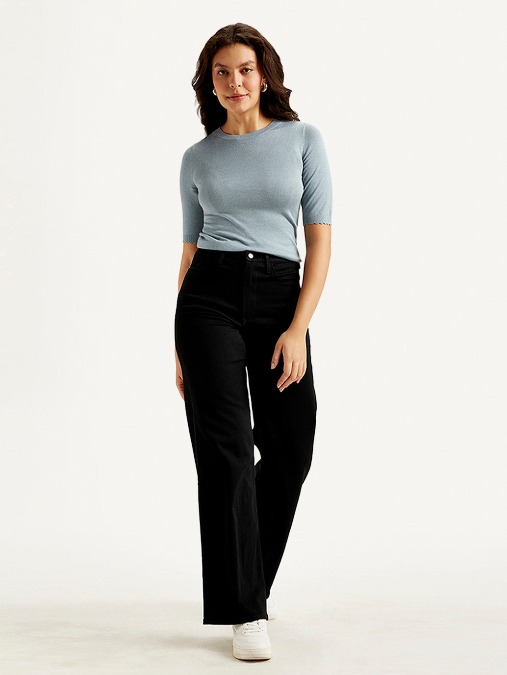 Women's Redloop Black Ribcage Bell Bottom Wide Leg Fit Mid Rise Jeans - Front View