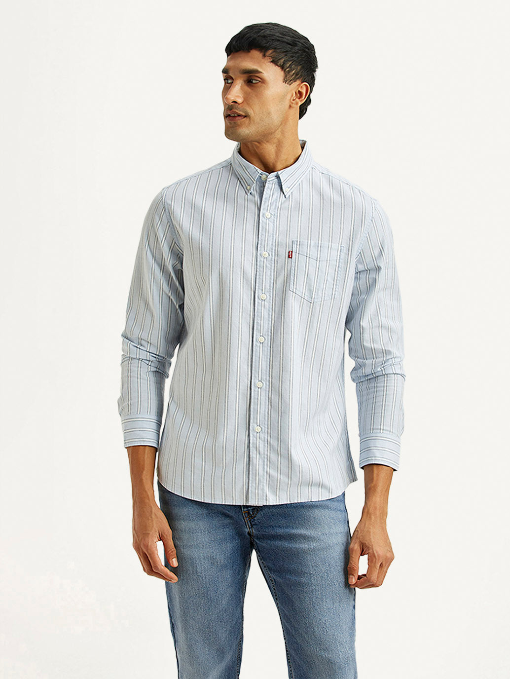 Men's Striped Light Blue Slim Fit Oxford Shirt