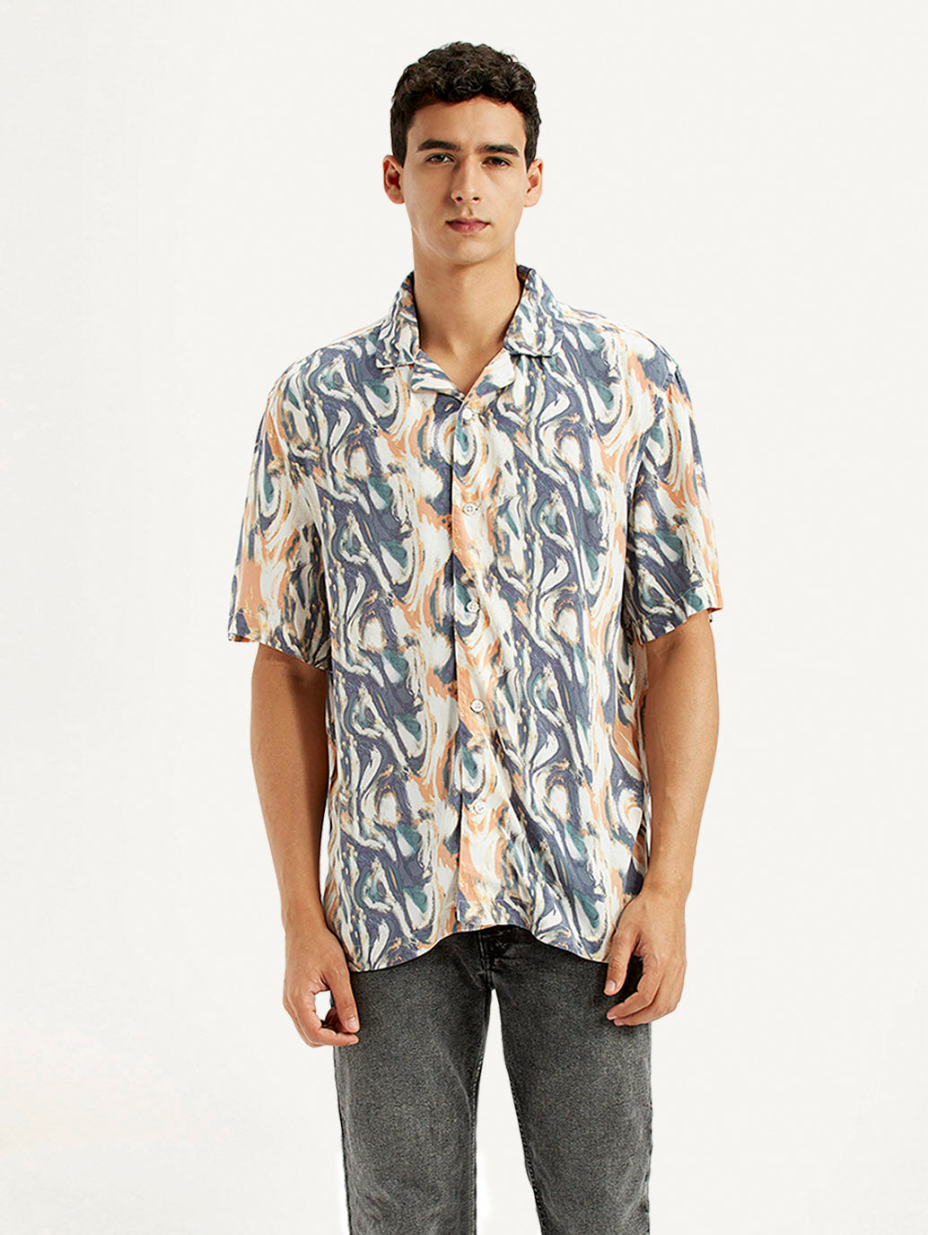 Men's All Over Print Multi Color Relaxed Fit Camp Shirt - Front View