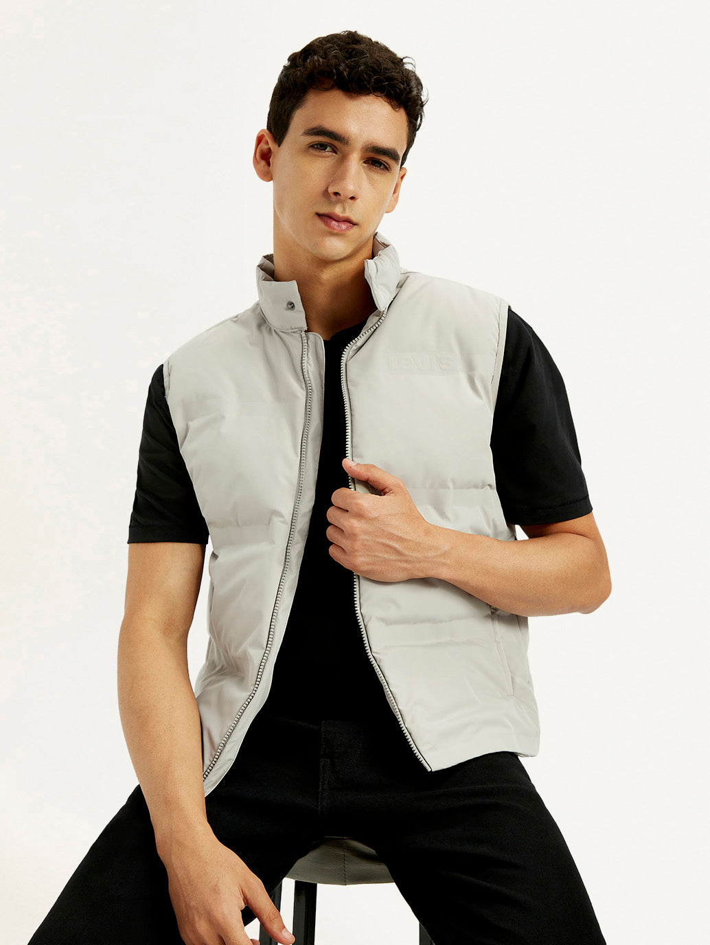 Men's Solid Grey Puffer Jacket - Elevated View